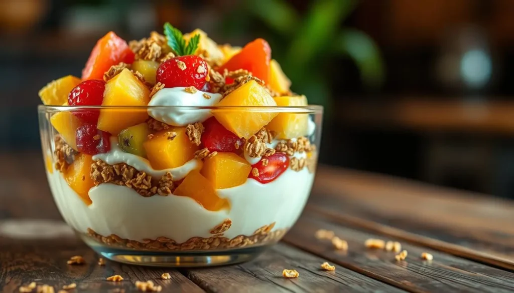 A vibrant close-up photograph of a Mexican bionico, showcasing its colorful array of fresh tropical fruits, creamy yogurt, and crunchy granola. The bionico is presented on a rustic wooden surface, bathed in warm, natural lighting that enhances the dish's inviting textures and vibrant hues. The foreground features the bionico itself, with its distinctive layered presentation, while the background gently blurs to create a cozy, authentic atmosphere. The image captures the essence of this traditional Mexican dessert, inviting the viewer to experience its refreshing and delightful flavors. A-vibrant-close-up-photograph-of-a-Mexican-bionico-showcasing-its-colorful-array-of-fresh