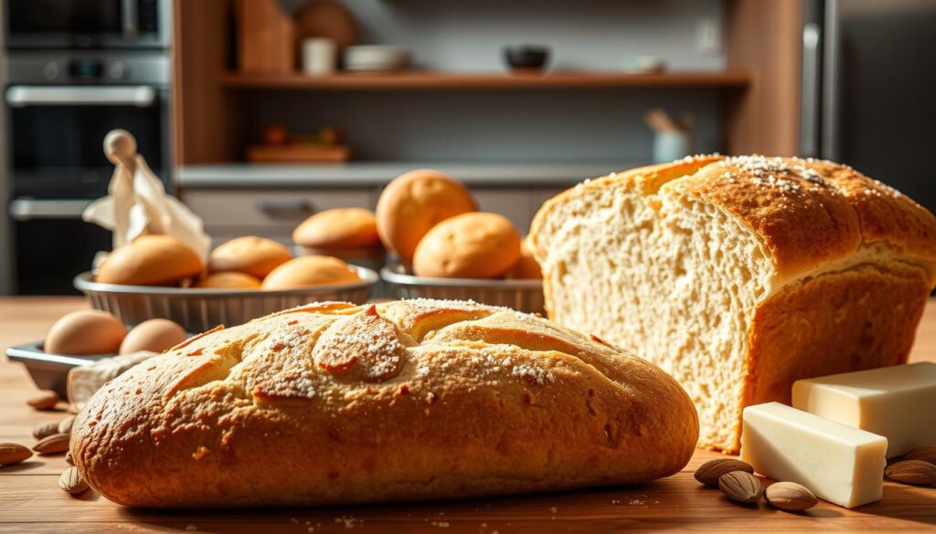 A vibrant, high-resolution image showcasing the benefits of using almond flour in keto baking. In the foreground, a freshly baked keto bread loaf made with almond flour, its golden crust glistening under warm, soft lighting. Surrounding the bread, an arrangement of keto-friendly ingredients like almond flour, eggs, and a stick of butter, suggesting the nutritional profile and baking process. In the middle ground, a selection of keto-friendly baked goods like muffins and scones, all made with the almond flour. The background features a clean, minimalist kitchen setup, with stainless steel appliances and natural wooden accents, creating a sleek, modern atmosphere. The overall scene conveys the versatility, health benefits, and delicious results of incorporating almond flour into keto baking.