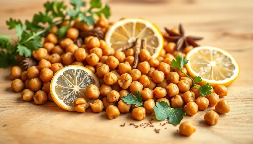 A vibrant, high-resolution photograph of a selection of vegan chickpeas, artfully arranged on a light wooden surface. The chickpeas are in the foreground, their rich, earthy tones contrasting beautifully with the warm, natural background. Subtle rim lighting creates a soft, inviting glow, while a shallow depth of field keeps the focus on the nourishing legumes. Accompanying the chickpeas are visually appealing slices of fresh lemon, a sprinkling of aromatic spices, and a few leafy greens, creating a visually striking and appetizing composition that highlights the health benefits of this plant-based dish. A-vibrant-high-resolution-photograph-of-a-selection-of-vegan-chickpeas-artfully-arranged-on-a