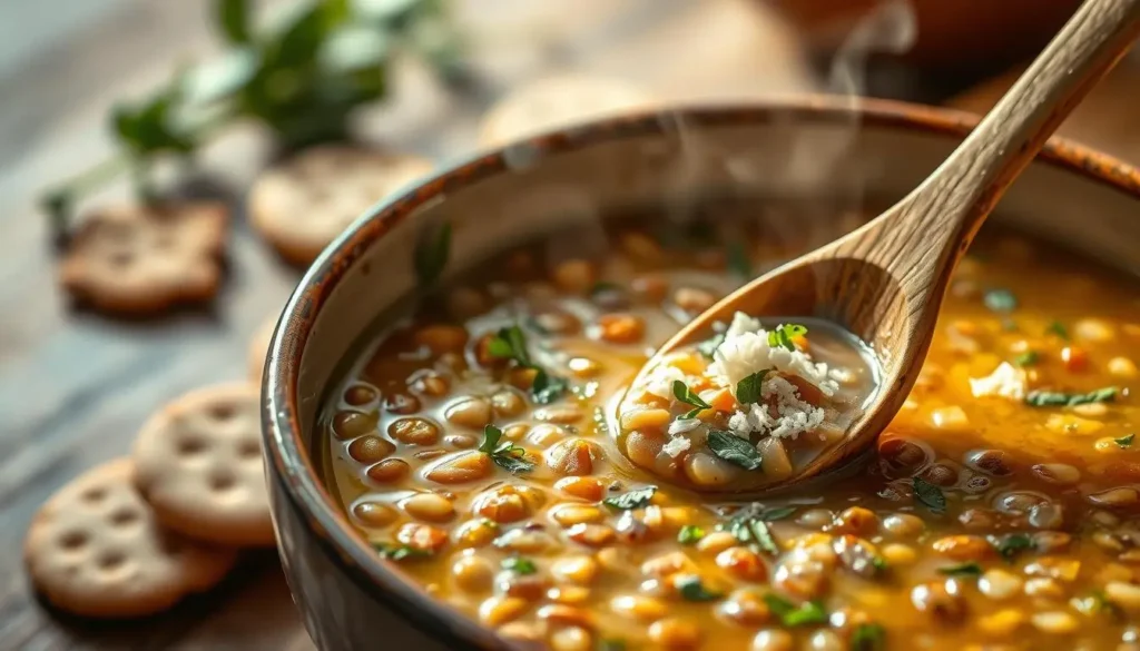 A vibrant, high-resolution photograph of a steaming bowl of nutritious lentil soup made with chicken broth. The soup is garnished with fresh herbs, a drizzle of olive oil, and a sprinkle of grated parmesan cheese. The foreground showcases the rich, earthy tones of the lentils and the golden hue of the broth, while the middle ground features a wooden spoon dipped into the soup, highlighting its thick, hearty texture. The background is softly blurred, creating a cozy, comforting atmosphere, with a few whole wheat crackers or crusty bread in the frame to complement the soup. The lighting is warm and natural, emphasizing the soup's inviting aroma and nutritional benefits. A-vibrant-high-resolution-photograph-of-a-steaming-bowl-of-nutritious-lentil-soup-made-with