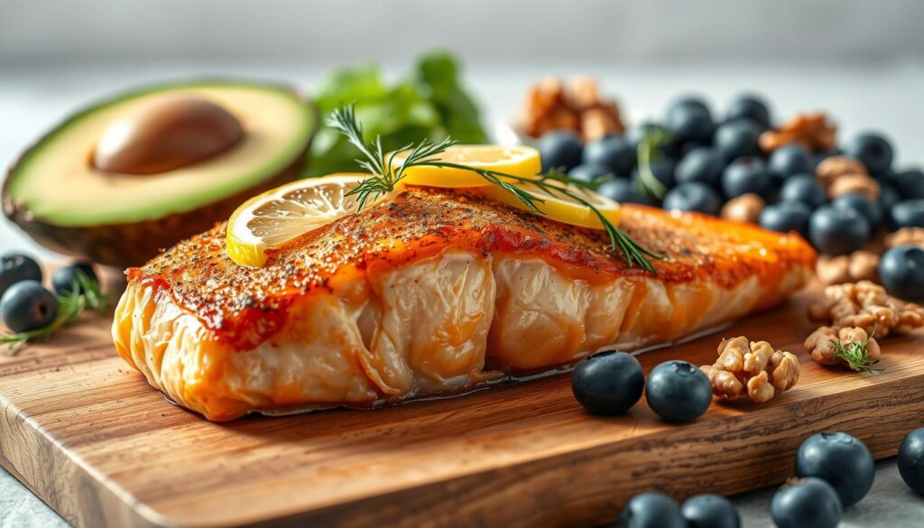 A vibrant, photorealistic image of a freshly baked salmon fillet, garnished with lemon slices and dill sprigs, set against a backdrop of nourishing ingredients such as avocado, blueberries, and walnuts. The salmon glistens with a golden-brown crust, its flaky texture inviting. Soft, natural lighting illuminates the scene, creating a warm, appetizing atmosphere. In the foreground, a wooden cutting board provides a rustic contrast, while the middle ground features a scatter of superfoods highlighting salmon's impressive health benefits. The background is a clean, minimalist setting, allowing the nutritious ingredients to take center stage.