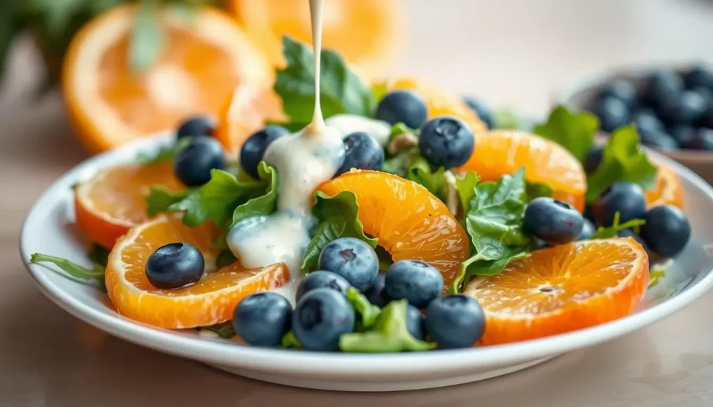 A vibrant salad of mixed greens, juicy orange segments, and plump blueberries, artfully arranged on a white ceramic plate. A delicate drizzle of homemade poppy seed dressing cascades over the salad, its creamy texture complementing the fresh produce. Soft, diffused lighting illuminates the scene, highlighting the vibrant colors and natural textures. The composition is balanced, with the salad taking center stage and the background fading into a soft, blurred blur. This image conveys the perfect blend of citrus and berries, inviting the viewer to savor the refreshing, flavorful combination. A-vibrant-salad-of-mixed-greens-juicy-orange-segments-and-plump-blueberries-artfully