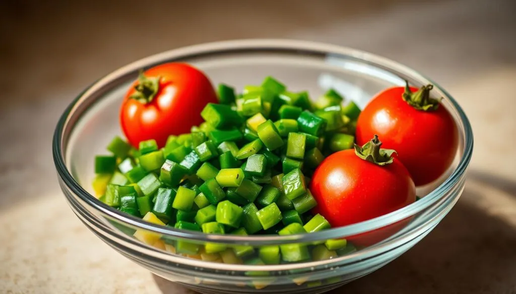 A vibrant still life capturing a glass bowl filled with fresh, juicy Rotel tomatoes and diced green chilies. The tomatoes are plump and glossy, their vibrant red hues contrasting beautifully against the vivid green of the chilies. The lighting is soft and natural, casting a warm glow that enhances the rich, appetizing colors. The composition is simple yet elegant, with the bowl placed on a neutral-toned surface, allowing the ingredients to take center stage. The overall mood is one of culinary anticipation, inviting the viewer to imagine the delicious flavors and aromas of the essential ingredients for a perfect Mexican rice dish. A vibrant still life capturing a glass bowl filled with fresh, juicy Rotel tomatoes and diced green chilies. The tomatoes are plump and glossy, their vibrant red hues contrasting beautifully against the vivid green of the chilies. The lighting is soft and natural, casting a warm glow that enhances the rich, appetizing colors. The composition is simple yet elegant, with the bowl placed on a neutral-toned surface, allowing the ingredients to take center stage. The overall mood is one of culinary anticipation, inviting the viewer to imagine the delicious flavors and aromas of the essential ingredients for a perfect Mexican rice dish.