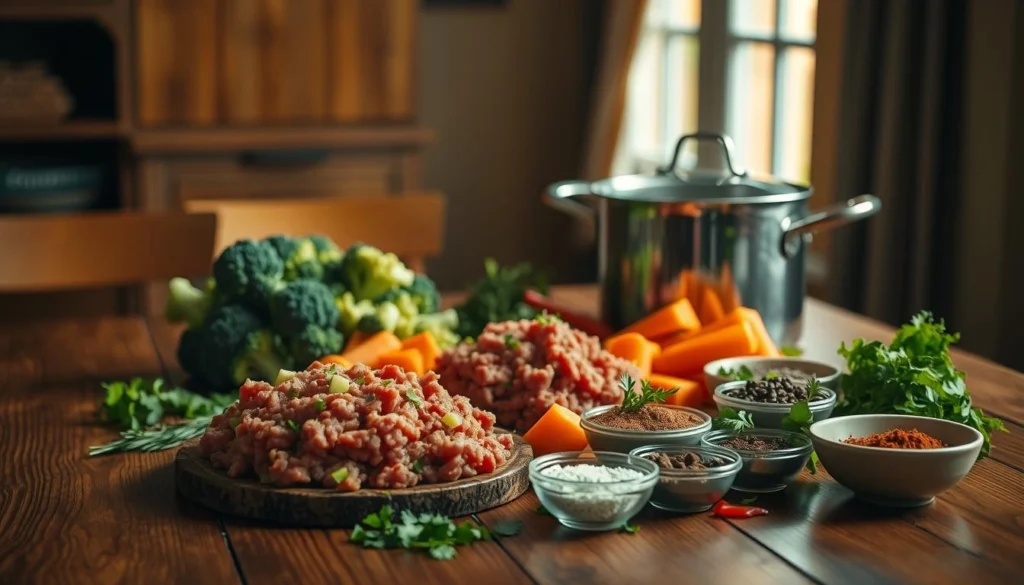 A vibrant still-life scene of a wooden table, dimly lit by warm natural light seeping through a nearby window. On the table, an array of ingredients for a quick and delicious ground beef dinner: juicy ground beef, freshly chopped broccoli florets, crisp carrots, fragrant herbs, and a variety of spices in small bowls. The scene exudes a sense of effortless culinary preparation, inviting the viewer to imagine the aromas and flavors about to be created. A classic stainless steel pot stands ready, hinting at the simple, nourishing meal to come. The overall atmosphere is one of casual, homey comfort, perfect for an "Introduction: Getting Started" section on ground beef and broccoli. A-vibrant-still-life-scene-of-a-wooden-table-dimly-lit-by-warm-natural-light-seeping-through-a