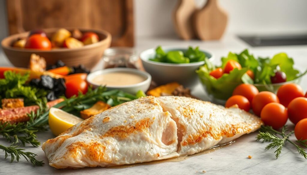 A vibrant still life showcasing the versatility of flounder. In the foreground, a freshly baked fillet, its golden crust glistening under soft, warm lighting. Surrounding it, an assortment of healthy side dishes - roasted vegetables, a crisp salad, and a zesty lemon wedge. In the middle ground, various ingredients come together: herbs, spices, and a rich, creamy lemon-garlic butter sauce. The background features a clean, minimalist kitchen counter, hinting at the effortless preparation of this nutritious, flavorful dish. The overall composition conveys the appeal of flounder as a delightful, guilt-free culinary choice. A vibrant still life showcasing the versatility of flounder. In the foreground, a freshly baked fillet, its golden crust glistening under soft, warm lighting. Surrounding it, an assortment of healthy side dishes - roasted vegetables, a crisp salad, and a zesty lemon wedge. In the middle ground, various ingredients come together: herbs, spices, and a rich, creamy lemon-garlic butter sauce. The background features a clean, minimalist kitchen counter, hinting at the effortless preparation of this nutritious, flavorful dish. The overall composition conveys the appeal of flounder as a delightful, guilt-free culinary choice.