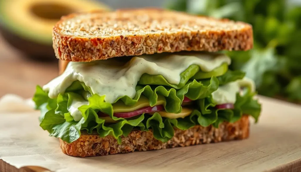 A visually appealing sandwich with layers of crisp lettuce, creamy avocado, and tangy green goddess dressing nestled between slices of freshly toasted multigrain bread. The lighting is soft and natural, highlighting the vibrant green hues and inviting textures. The camera angle is slightly elevated, capturing the sandwich from an appetizing perspective, showcasing its inviting presentation. The mood is fresh, healthy, and delightful, reflecting the essence of the "Green Goddess Salad Sandwich." A-visually-appealing-sandwich-with-layers-of-crisp-lettuce-creamy-avocado-and-tangy-green
