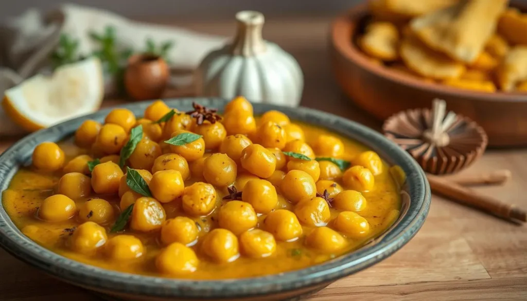 A visually appetizing, detailed still life scene of a platter of rich, creamy vegan butter chickpeas with a vibrant, fragrant Indian spice blend. The chickpeas are submerged in a luscious, golden sauce, accented with aromatic ginger, garlic, and aromatic spices such as cumin, coriander, and turmeric. The composition features the dish in the foreground, with a wooden table or surface behind, and a simple neutral background to allow the dish to take center stage. The lighting is soft and warm, casting gentle shadows that highlight the textures and colors of the ingredients. The overall mood is inviting, mouthwatering, and celebrates the comforting, flavor-packed essence of this vegan Indian delicacy. A-visually-appetizing-detailed-still-life-scene-of-a-platter-of-rich-creamy-vegan-butter