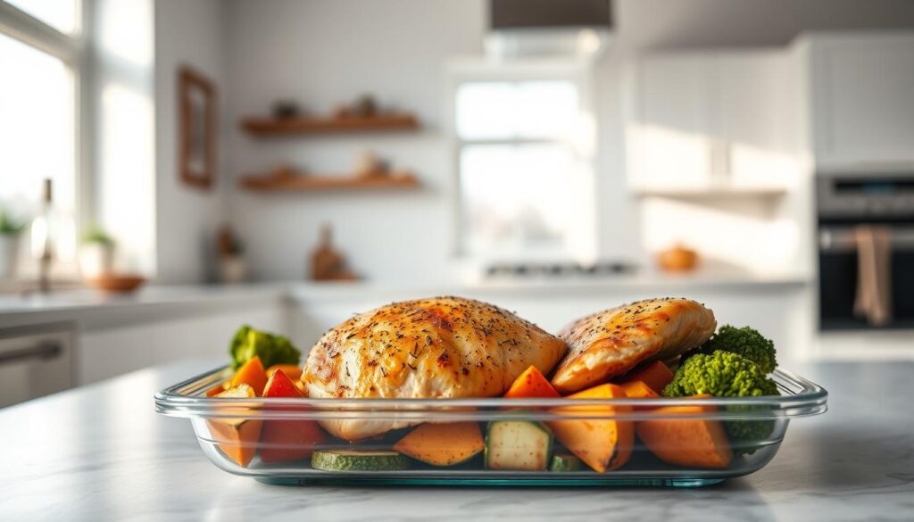 A visually striking image of a healthy meal prep featuring deliciously baked chicken breasts. The foreground showcases the expertly seasoned and golden-brown chicken, fresh from the oven, arranged alongside a vibrant array of roasted vegetables, such as broccoli, sweet potatoes, and zucchini. The middle ground features a sleek, modern meal prep container filled with the balanced, nutrient-dense components. The background captures a minimalist kitchen setting, with clean white walls and natural lighting pouring in through large windows, creating a warm, inviting atmosphere. The overall composition exudes a sense of wellness, highlighting the benefits of baking chicken breasts as a delicious and healthful meal option.