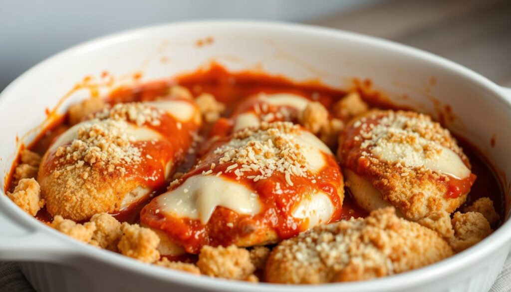 A warm, inviting casserole dish filled with tender, breaded chicken breasts layered with a rich tomato sauce, melted mozzarella, and a dusting of parmesan cheese. The casserole is baked to a golden brown, with a crisp, bubbly top contrasting the juicy, flavorful chicken within. Soft, pillowy breadcrumbs surround the chicken, infusing each bite with a savory, crunchy texture. The scene is bathed in a soft, natural lighting that enhances the casserole's comforting appearance, conveying a sense of homemade, nostalgic appeal. The composition places the casserole in the center, allowing the viewer to focus on the unique, mouthwatering details that set this chicken parmesan dish apart. A warm, inviting casserole dish filled with tender, breaded chicken breasts layered with a rich tomato sauce, melted mozzarella, and a dusting of parmesan cheese. The casserole is baked to a golden brown, with a crisp, bubbly top contrasting the juicy, flavorful chicken within. Soft, pillowy breadcrumbs surround the chicken, infusing each bite with a savory, crunchy texture. The scene is bathed in a soft, natural lighting that enhances the casserole's comforting appearance, conveying a sense of homemade, nostalgic appeal. The composition places the casserole in the center, allowing the viewer to focus on the unique, mouthwatering details that set this chicken parmesan dish apart.