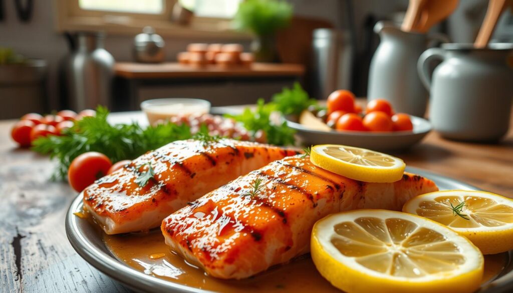 A warm, inviting kitchen scene showcasing a variety of easy, fast salmon recipes. In the foreground, a platter of perfectly grilled salmon fillets, glistening with a honey glaze and adorned with fresh lemon slices. In the middle ground, an assortment of vibrant ingredients like dill, capers, and cherry tomatoes, complementing the salmon. The background features a rustic wooden table, soft natural lighting filtering through a window, and the subtle presence of kitchen tools and utensils. The overall mood is one of simplicity, comfort, and the tempting aroma of a delectable salmon dish. A warm, inviting kitchen scene showcasing a variety of easy, fast salmon recipes. In the foreground, a platter of perfectly grilled salmon fillets, glistening with a honey glaze and adorned with fresh lemon slices. In the middle ground, an assortment of vibrant ingredients like dill, capers, and cherry tomatoes, complementing the salmon. The background features a rustic wooden table, soft natural lighting filtering through a window, and the subtle presence of kitchen tools and utensils. The overall mood is one of simplicity, comfort, and the tempting aroma of a delectable salmon dish.