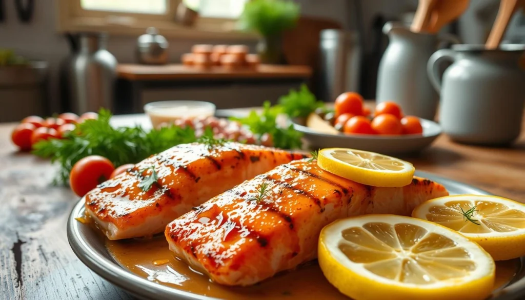 A warm, inviting kitchen scene showcasing a variety of easy, fast salmon recipes. In the foreground, a platter of perfectly grilled salmon fillets, glistening with a honey glaze and adorned with fresh lemon slices. In the middle ground, an assortment of vibrant ingredients like dill, capers, and cherry tomatoes, complementing the salmon. The background features a rustic wooden table, soft natural lighting filtering through a window, and the subtle presence of kitchen tools and utensils. The overall mood is one of simplicity, comfort, and the tempting aroma of a delectable salmon dish. A-warm-inviting-kitchen-scene-showcasing-a-variety-of-easy-fast-salmon-recipes.-In-the