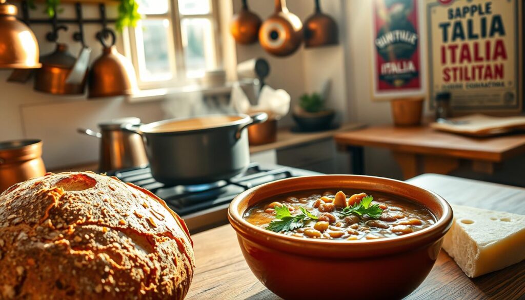 A warm, inviting scene of a traditional Italian kitchen, sunlight streaming through a window illuminating a steaming pot of lentil soup simmering on the stove. In the foreground, an earthenware bowl filled with the hearty, earthy soup, garnished with fresh parsley and a drizzle of olive oil. On the table, a crusty loaf of artisanal bread, the crust lightly charred, and a wedge of aged Parmesan cheese. The background features copper pots and pans hanging from the walls, a well-worn wooden table, and a vintage Italian poster hinting at the rich culinary heritage. The atmosphere is one of comfort, tradition, and the joy of a simple, nourishing meal. A warm, inviting scene of a traditional Italian kitchen, sunlight streaming through a window illuminating a steaming pot of lentil soup simmering on the stove. In the foreground, an earthenware bowl filled with the hearty, earthy soup, garnished with fresh parsley and a drizzle of olive oil. On the table, a crusty loaf of artisanal bread, the crust lightly charred, and a wedge of aged Parmesan cheese. The background features copper pots and pans hanging from the walls, a well-worn wooden table, and a vintage Italian poster hinting at the rich culinary heritage. The atmosphere is one of comfort, tradition, and the joy of a simple, nourishing meal.