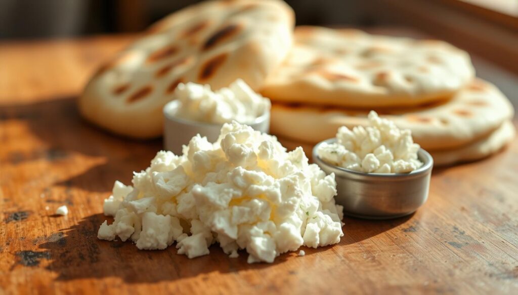 A well-lit, close-up photograph of three simple cottage cheese flatbread ingredients arranged artfully on a rustic wooden surface. In the foreground, a small pile of fresh, whole-milk cottage cheese glistens with creamy texture. Beside it, a handful of crumbled feta cheese in a small ramekin, its salty tang accentuated by the soft lighting. In the background, a stack of freshly baked pitas or naan flatbreads, their golden-brown crusts inviting the viewer to imagine the final dish. The scene is bathed in warm, natural light, casting gentle shadows that enhance the tactile, appetizing quality of the ingredients. The overall composition conveys a sense of simplicity, freshness, and the joy of uncomplicated, homemade cooking. A well-lit, close-up photograph of three simple cottage cheese flatbread ingredients arranged artfully on a rustic wooden surface. In the foreground, a small pile of fresh, whole-milk cottage cheese glistens with creamy texture. Beside it, a handful of crumbled feta cheese in a small ramekin, its salty tang accentuated by the soft lighting. In the background, a stack of freshly baked pitas or naan flatbreads, their golden-brown crusts inviting the viewer to imagine the final dish. The scene is bathed in warm, natural light, casting gentle shadows that enhance the tactile, appetizing quality of the ingredients. The overall composition conveys a sense of simplicity, freshness, and the joy of uncomplicated, homemade cooking.