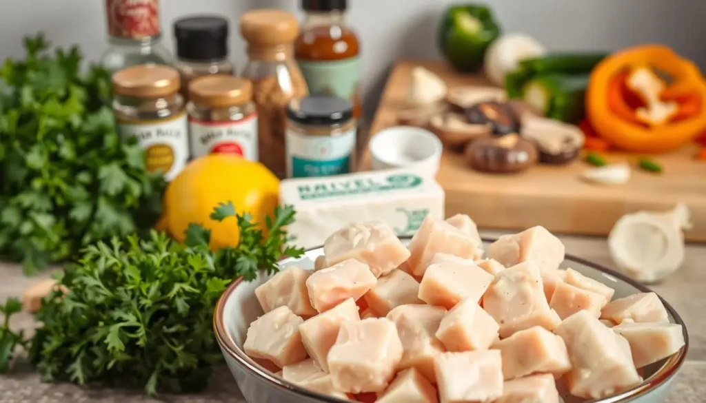 A well-lit, close-up photograph showcasing the fresh ingredients for an easy cream cheese chicken recipe. In the foreground, arrange a bowl of cubed chicken breasts, a block of cream cheese, and a handful of fresh herbs like parsley and thyme. In the middle ground, place various spice jars, a lemon, and a few cloves of garlic. In the background, have a cutting board with sliced bell peppers, mushrooms, and onions, all neatly organized. The lighting should be soft and natural, creating a warm, inviting atmosphere. The overall composition should highlight the simplicity and accessibility of the ingredients, setting the stage for a delicious, homemade cream cheese chicken dish. A-well-lit-close-up-photograph-showcasing-the-fresh-ingredients-for-an-easy-cream-cheese