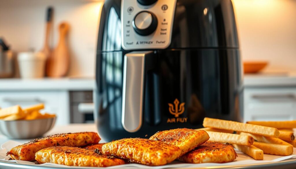 A well-lit, close-up shot of an air fryer in a modern kitchen setting, showcasing its key advantages. The air fryer should be the focal point, with its sleek, stainless steel exterior shining under warm, natural lighting. In the foreground, arrange a selection of crispy, golden-brown fish fillets that have been air fried, showcasing the appliance's ability to deliver restaurant-quality results. In the middle ground, include a few neatly stacked air-fried french fries, highlighting the healthier, low-fat cooking process. In the background, have a clean, minimalist kitchen counter with a few kitchen utensils, conveying the simplicity and convenience of air frying. The overall mood should be one of culinary excellence and effortless, guilt-free indulgence. A well-lit, close-up shot of an air fryer in a modern kitchen setting, showcasing its key advantages. The air fryer should be the focal point, with its sleek, stainless steel exterior shining under warm, natural lighting. In the foreground, arrange a selection of crispy, golden-brown fish fillets that have been air fried, showcasing the appliance's ability to deliver restaurant-quality results. In the middle ground, include a few neatly stacked air-fried french fries, highlighting the healthier, low-fat cooking process. In the background, have a clean, minimalist kitchen counter with a few kitchen utensils, conveying the simplicity and convenience of air frying. The overall mood should be one of culinary excellence and effortless, guilt-free indulgence.