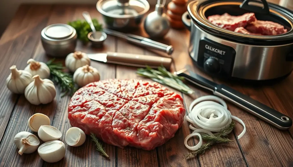 A well-lit, high-angle shot of a rustic wooden table top, showcasing a selection of essential ingredients and tools for preparing a delicious crock pot round steak dish. In the foreground, arrange a succulent round cut of beef, whole garlic cloves, thinly sliced onions, and aromatic herbs like thyme and rosemary. In the middle ground, place a slow cooker, a sharp carving knife, and a pair of sturdy kitchen tongs. In the background, softly focus on a few additional cooking utensils, such as a meat thermometer and a ladle. The lighting should create warm, natural shadows, evoking a cozy, homemade atmosphere. A-well-lit-high-angle-shot-of-a-rustic-wooden-table-top-showcasing-a-selection-of-essential