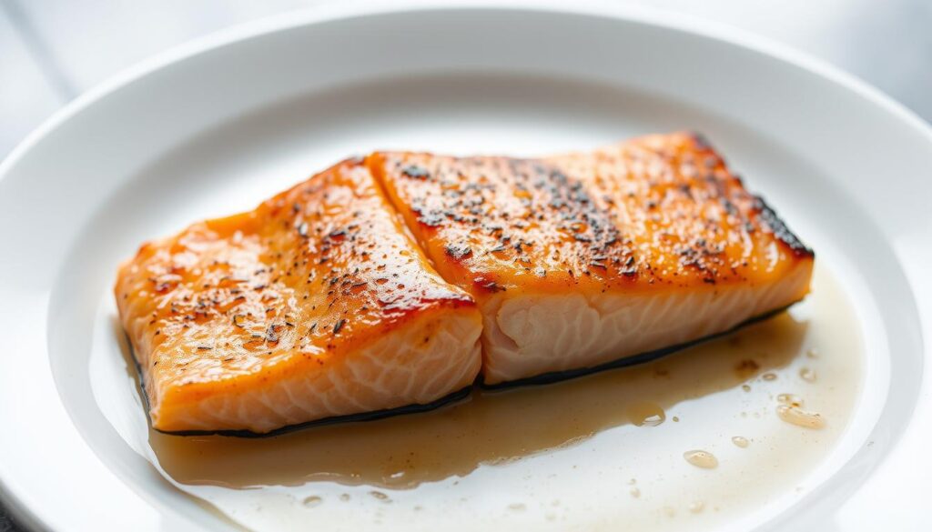 A well-lit, high-quality photograph of a salmon filet being air fried, with a bright and airy atmosphere. The salmon should be sizzling and golden-brown, showcasing the benefits of air frying - a healthier cooking method that retains moisture and flavor. The image should be shot from a slightly elevated angle, with a clean background that highlights the salmon as the focal point. Soft, natural lighting should accentuate the salmon's texture and bring out its vibrant color. The overall composition should convey the simplicity and ease of air frying salmon, reflecting the "perfect" and "beneficial" nature of the cooking process.