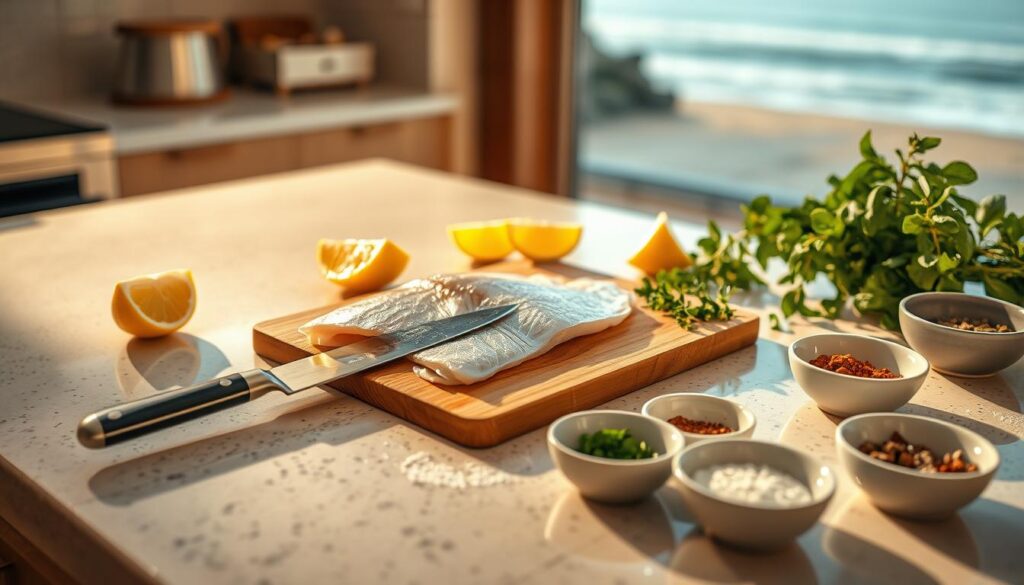 A well-lit kitchen countertop covered with essential tools for preparing fish - a sharp fillet knife, wooden cutting board, lemon wedges, fresh herbs, and a variety of seasonings in small bowls. In the background, a soothing ocean scene with a softly blurred beach and horizon. Warm, natural lighting casts a soothing glow, creating an inviting and calming atmosphere for the home cook. A sense of simplicity and ease, emphasizing the straightforward steps to mastering seafood preparation. A well-lit kitchen countertop covered with essential tools for preparing fish - a sharp fillet knife, wooden cutting board, lemon wedges, fresh herbs, and a variety of seasonings in small bowls. In the background, a soothing ocean scene with a softly blurred beach and horizon. Warm, natural lighting casts a soothing glow, creating an inviting and calming atmosphere for the home cook. A sense of simplicity and ease, emphasizing the straightforward steps to mastering seafood preparation.