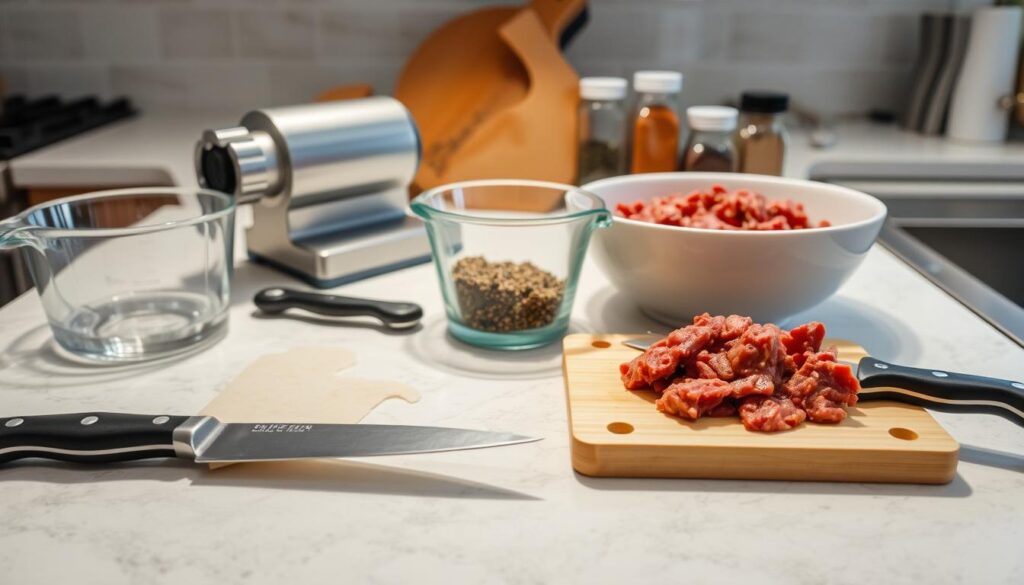 A well-lit kitchen countertop, with a selection of essential tools for preparing ground beef supper: a sharp chef's knife, a sturdy cutting board, a large mixing bowl, a meat grinder or food processor, a measuring cup, and a collection of spices and seasonings in glass jars. The tools are arranged in an organized, visually appealing manner, suggesting a methodical approach to cooking. The overall atmosphere is clean, inviting, and ready for a delicious, homemade meal. A well-lit kitchen countertop, with a selection of essential tools for preparing ground beef supper: a sharp chef's knife, a sturdy cutting board, a large mixing bowl, a meat grinder or food processor, a measuring cup, and a collection of spices and seasonings in glass jars. The tools are arranged in an organized, visually appealing manner, suggesting a methodical approach to cooking. The overall atmosphere is clean, inviting, and ready for a delicious, homemade meal.