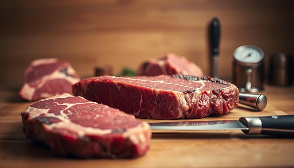 A well-lit studio, showcasing a succulent ribeye steak on a wooden cutting board. The steak is evenly marbled, with a deep red hue and a glistening sheen. The foreground features close-up details, highlighting the steak's texture and the distinct fat ribbons that run through it. In the middle ground, an assortment of premium butcher's tools, including a sharp carving knife and a meat thermometer, are arranged neatly. The background is softly blurred, creating a sense of focus on the star of the scene - the perfect ribeye. The lighting is warm and natural, casting subtle shadows that accentuate the steak's contours. The overall atmosphere is one of culinary expertise and the anticipation of a delicious, juicy steak. A well-lit studio, showcasing a succulent ribeye steak on a wooden cutting board. The steak is evenly marbled, with a deep red hue and a glistening sheen. The foreground features close-up details, highlighting the steak's texture and the distinct fat ribbons that run through it. In the middle ground, an assortment of premium butcher's tools, including a sharp carving knife and a meat thermometer, are arranged neatly. The background is softly blurred, creating a sense of focus on the star of the scene - the perfect ribeye. The lighting is warm and natural, casting subtle shadows that accentuate the steak's contours. The overall atmosphere is one of culinary expertise and the anticipation of a delicious, juicy steak.