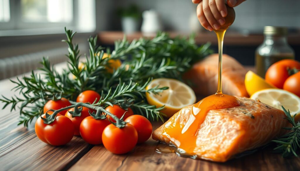 A wooden table adorned with an array of fresh ingredients for a vibrant salmon glaze: ripe cherry tomatoes, fragrant sprigs of rosemary, zesty lemon wedges, and a drizzle of golden honey. Soft, natural lighting illuminates the scene, casting gentle shadows and emphasizing the rich hues of the produce. In the background, a subtle blur hints at a serene kitchen setting, complementing the calm, wholesome atmosphere. The composition invites the viewer to imagine the delicious, healthy salmon dish that will be created with these carefully selected ingredients. A wooden table adorned with an array of fresh ingredients for a vibrant salmon glaze: ripe cherry tomatoes, fragrant sprigs of rosemary, zesty lemon wedges, and a drizzle of golden honey. Soft, natural lighting illuminates the scene, casting gentle shadows and emphasizing the rich hues of the produce. In the background, a subtle blur hints at a serene kitchen setting, complementing the calm, wholesome atmosphere. The composition invites the viewer to imagine the delicious, healthy salmon dish that will be created with these carefully selected ingredients.