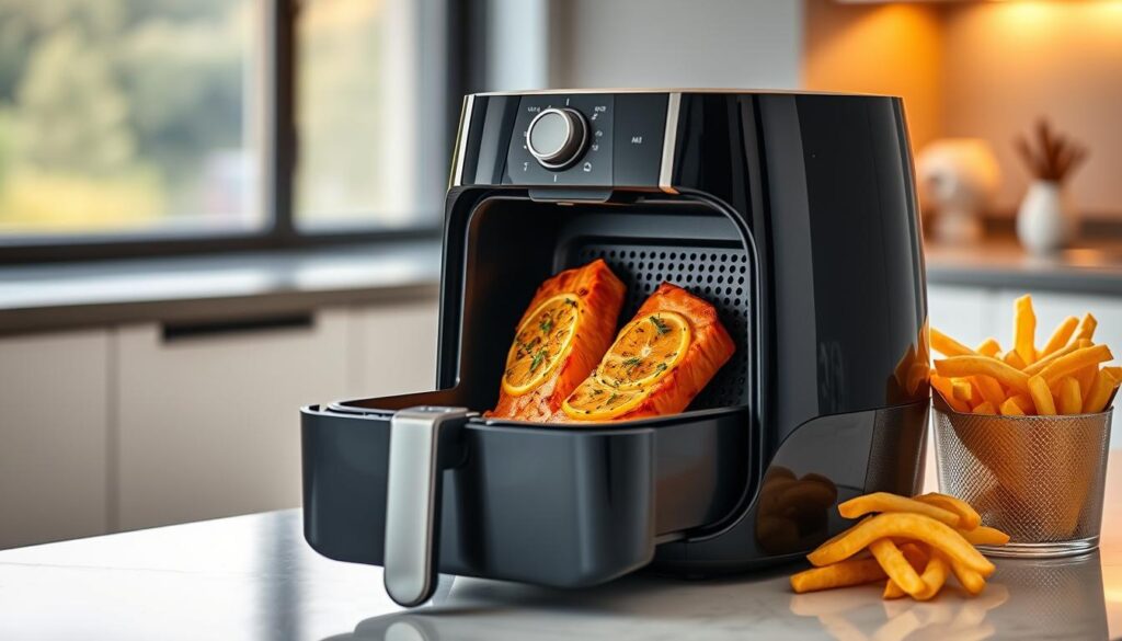 An air fryer resting on a sleek, modern kitchen counter, its gleaming surface catching the warm, diffused light from a large window. Inside, tender salmon fillets sizzle and brown, filling the air with the tantalizing aroma of herbs and citrus. The soft hum of the appliance echoes the rhythm of culinary creation, while the clean, minimalist design evokes the precise control and efficiency of air fryer cooking. A stack of crisp, golden-brown fries stands nearby, a testament to the versatility of this kitchen appliance. The scene exudes a sense of effortless sophistication, hinting at the delicious and healthy meals that can be prepared with the simple push of a button.
