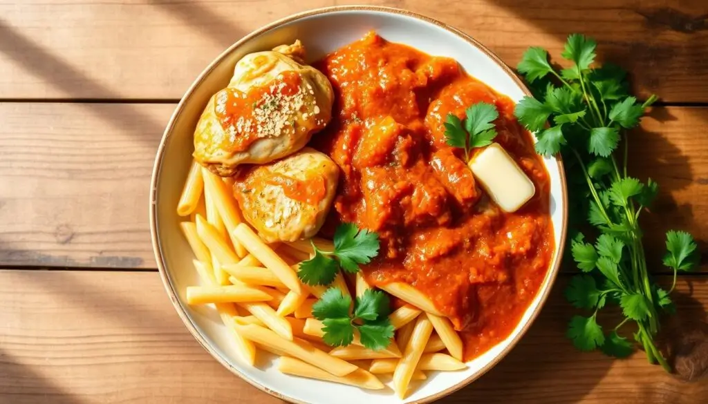 Butter chicken pasta ingredients: Juicy chicken thighs, fragrant Indian spices, rich tomato sauce, creamy butter, al dente penne pasta, garnished with fresh cilantro. Arranged on a rustic wooden table, with natural lighting casting warm, inviting shadows. Evoke the cozy, comforting atmosphere of a home-cooked meal. Capture the textures and colors that will whet the appetite and draw the viewer into the rich, flavorful dish. Butter-chicken-pasta-ingredients-Juicy-chicken-thighs-fragrant-Indian-spices-rich-tomato