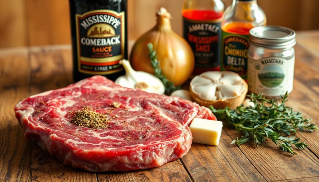 Carefully arranged on a rustic wooden table, a collection of essential ingredients for slow-cooked Mississippi ribeye steaks. In the foreground, a thick, marbled ribeye steak sits alongside a sprinkling of Cajun seasoning, freshly cracked black pepper, and a pat of creamy butter. In the middle ground, a large onion, halved and ready to be caramelized, joins a bulb of garlic and a handful of fresh thyme sprigs. In the background, a bottle of Worcestershire sauce and a jar of tangy Mississippi Delta Comeback Sauce stand ready to add depth and flavor. Warm, natural lighting casts a soft glow over the scene, creating an inviting and mouthwatering atmosphere. Carefully arranged on a rustic wooden table, a collection of essential ingredients for slow-cooked Mississippi ribeye steaks. In the foreground, a thick, marbled ribeye steak sits alongside a sprinkling of Cajun seasoning, freshly cracked black pepper, and a pat of creamy butter. In the middle ground, a large onion, halved and ready to be caramelized, joins a bulb of garlic and a handful of fresh thyme sprigs. In the background, a bottle of Worcestershire sauce and a jar of tangy Mississippi Delta Comeback Sauce stand ready to add depth and flavor. Warm, natural lighting casts a soft glow over the scene, creating an inviting and mouthwatering atmosphere.