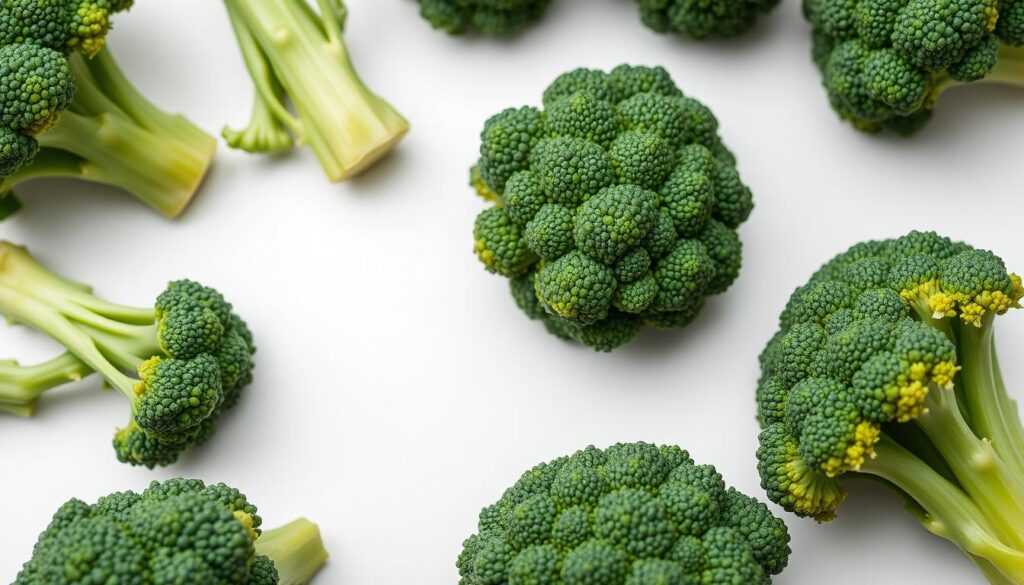 Close-up macro shot of fresh green broccoli florets and stems, evenly lit from above with soft natural lighting, shot with a high-resolution camera and a shallow depth of field to emphasize the intricate textures and vibrant green hues. The broccoli is the central focus, surrounded by a plain white background that allows the produce to stand out. The image has a clean, minimalist aesthetic that highlights the health benefits and nutritional value of this versatile vegetable. Close-up macro shot of fresh green broccoli florets and stems, evenly lit from above with soft natural lighting, shot with a high-resolution camera and a shallow depth of field to emphasize the intricate textures and vibrant green hues. The broccoli is the central focus, surrounded by a plain white background that allows the produce to stand out. The image has a clean, minimalist aesthetic that highlights the health benefits and nutritional value of this versatile vegetable.
