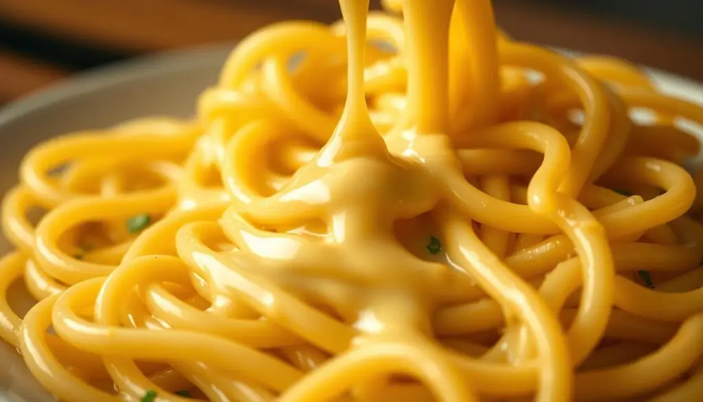 Creamy, golden butter sauce gently dripping and curling over a mound of al dente linguine. Soft, buttery pasta strands glisten under the warm lighting, begging to be twirled around a fork. The sauce clings to the noodles, creating delicate, flowing patterns that dance across the frame. A faint aroma of garlic, herbs, and rich dairy wafts through the air, promising a decadent culinary experience. The camera captures this scene from a low, slightly elevated angle, showcasing the sauce's luxurious texture and the pasta's comforting presence. An intimate, inviting atmosphere permeates the image, enticing the viewer to take a bite and savor the creamy, indulgent flavors. Creamy-golden-butter-sauce-gently-dripping-and-curling-over-a-mound-of-al-dente-linguine