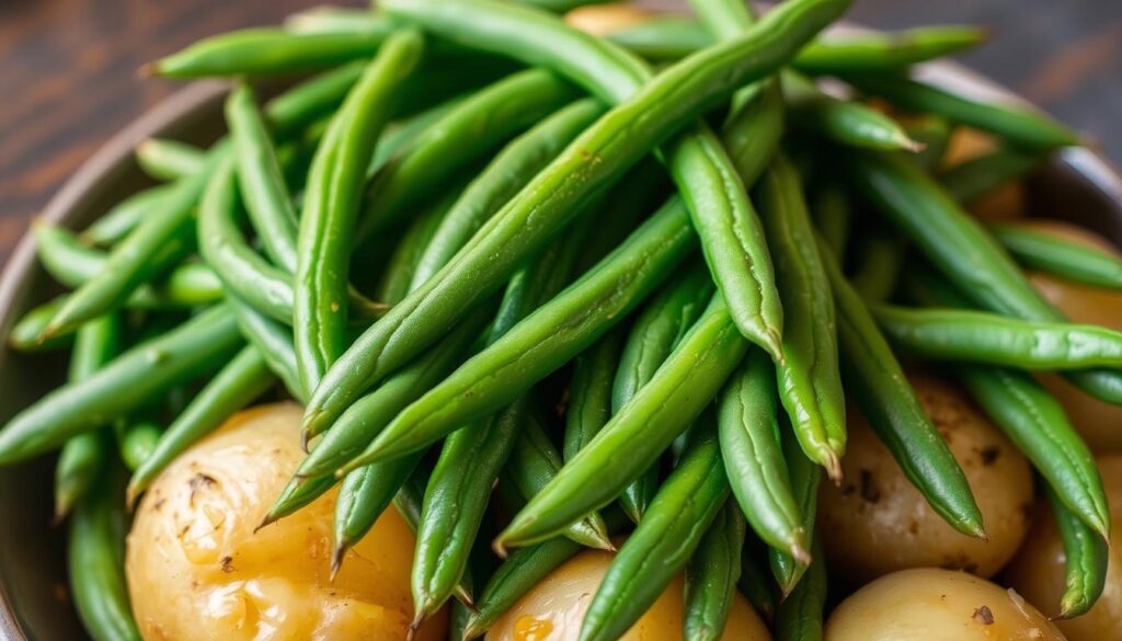 Crisp, fresh country ranch green beans, their vibrant green hues highlighted by soft natural lighting, nestled alongside rustic golden-brown potatoes. The scene is set against a backdrop of warm, earthy tones, evoking a sense of homespun charm. The produce is arranged in a casual, enticing manner, inviting the viewer to imagine the comforting flavors and textures of this classic country dish. The overall composition exudes a sense of simple, honest nourishment, capturing the essence of the "Country Ranch Green Beans: What Makes Them Special" section. Crisp, fresh country ranch green beans, their vibrant green hues highlighted by soft natural lighting, nestled alongside rustic golden-brown potatoes. The scene is set against a backdrop of warm, earthy tones, evoking a sense of homespun charm. The produce is arranged in a casual, enticing manner, inviting the viewer to imagine the comforting flavors and textures of this classic country dish. The overall composition exudes a sense of simple, honest nourishment, capturing the essence of the "Country Ranch Green Beans: What Makes Them Special" section.
