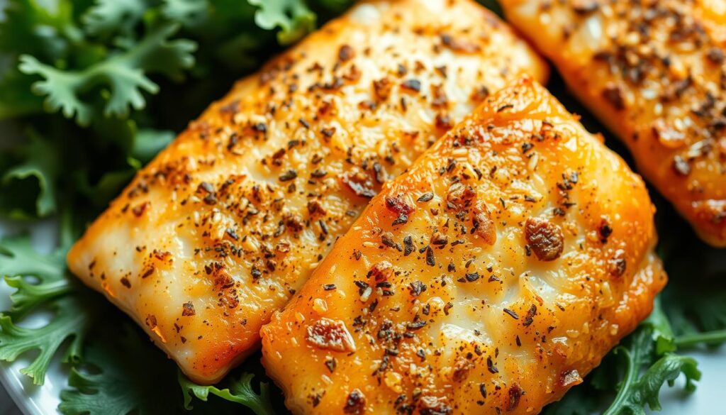 Crisp golden-brown air fryer fish fillets, delicately seasoned with a blend of aromatic spices, resting atop a bed of vibrant green leafy greens. The fish's flaky texture and mouthwatering aroma fill the frame, inviting the viewer to take a bite. Soft, diffused lighting highlights the dish's inviting surface, while a slight top-down angle provides a dynamic composition. The image conveys a sense of comfort and culinary expertise, perfectly capturing the essence of a delectable air fryer fish recipe. Crisp golden-brown air fryer fish fillets, delicately seasoned with a blend of aromatic spices, resting atop a bed of vibrant green leafy greens. The fish's flaky texture and mouthwatering aroma fill the frame, inviting the viewer to take a bite. Soft, diffused lighting highlights the dish's inviting surface, while a slight top-down angle provides a dynamic composition. The image conveys a sense of comfort and culinary expertise, perfectly capturing the essence of a delectable air fryer fish recipe.