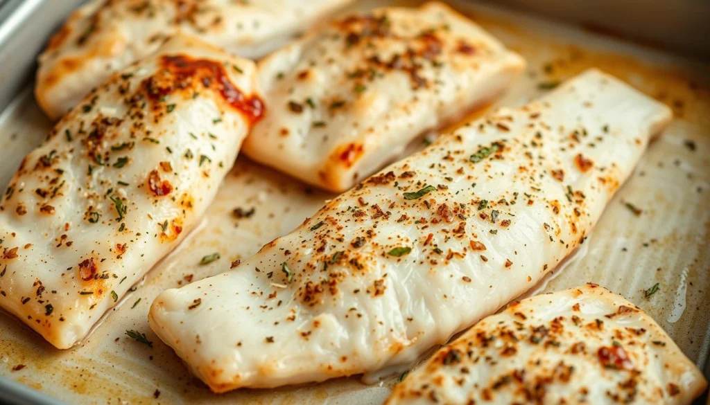 Crisp, golden-brown baked white fish fillets arranged on a light-colored baking sheet. The fillets are seasoned with a blend of aromatic spices, herbs, and a touch of lemon, creating a savory and flavorful dish. The fish is presented in a natural, appetizing manner, showcasing its delicate texture and succulent appearance. The lighting is warm and soft, highlighting the inviting colors and textures of the baked fish. The overall composition is clean, simple, and focuses on the main subject, allowing the viewer to appreciate the benefits of this easy, oven-baked white fish recipe. Crisp-golden-brown-baked-white-fish-fillets-arranged-on-a-light-colored-baking-sheet.-The