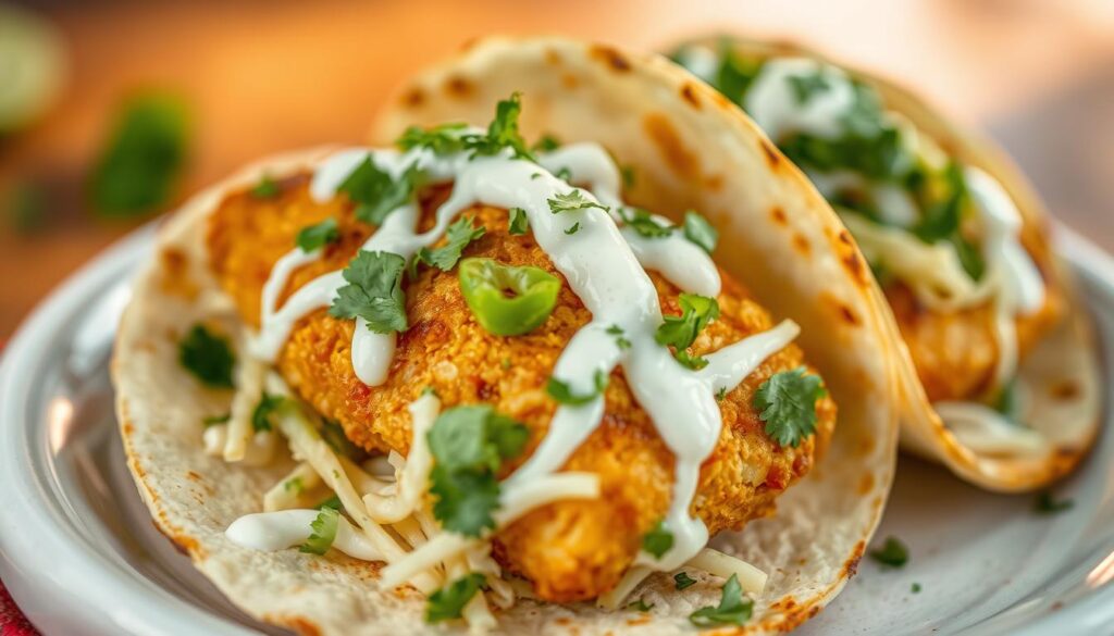 Crisp, golden-brown fish nestled in soft, warm tortillas, garnished with a vibrant cilantro-lime slaw, drizzled with a creamy sauce, and finished with a sprinkle of chopped cilantro. The scene is illuminated by warm, natural lighting, captured from a slightly elevated angle to showcase the dish's delectable layers. The background is blurred, allowing the crispy fish tacos to be the undisputed star of the composition, inviting the viewer to savor each mouthwatering bite. Crisp, golden-brown fish nestled in soft, warm tortillas, garnished with a vibrant cilantro-lime slaw, drizzled with a creamy sauce, and finished with a sprinkle of chopped cilantro. The scene is illuminated by warm, natural lighting, captured from a slightly elevated angle to showcase the dish's delectable layers. The background is blurred, allowing the crispy fish tacos to be the undisputed star of the composition, inviting the viewer to savor each mouthwatering bite.