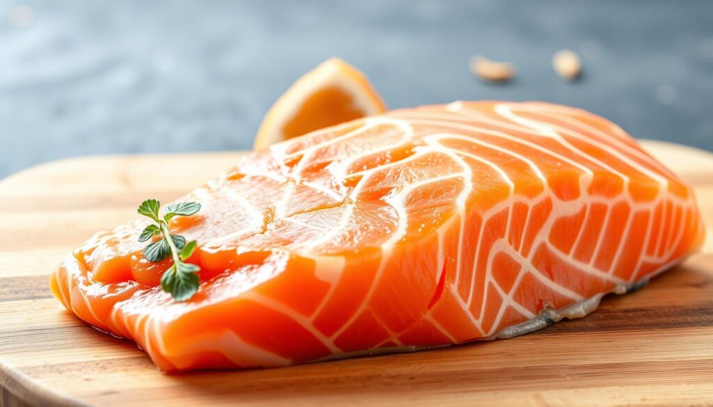 Detailed close-up of a vibrant salmon fillet, highlighting its rich, pink hue and marbled texture. The fish rests on a wooden board, with a crisp, fresh skin showcasing its natural oils. In the background, a clean, minimalist layout with soft, natural lighting illuminates the nutritional values, such as protein, omega-3 fatty acids, and essential vitamins, presented in a stylized, infographic-style design. The overall composition conveys the health benefits and nutritional profile of this premium seafood. Detailed close-up of a vibrant salmon fillet, highlighting its rich, pink hue and marbled texture. The fish rests on a wooden board, with a crisp, fresh skin showcasing its natural oils. In the background, a clean, minimalist layout with soft, natural lighting illuminates the nutritional values, such as protein, omega-3 fatty acids, and essential vitamins, presented in a stylized, infographic-style design. The overall composition conveys the health benefits and nutritional profile of this premium seafood.