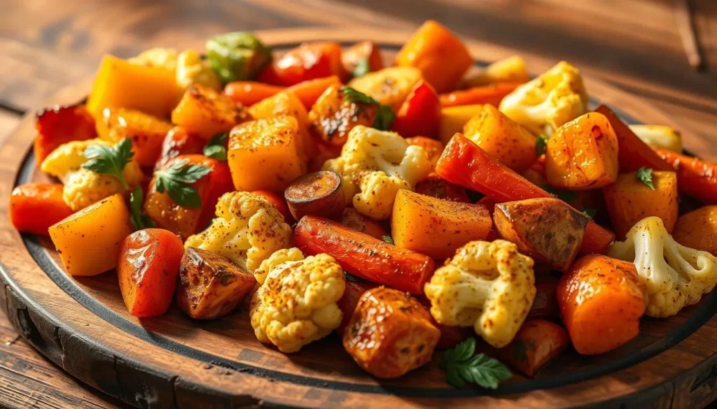 Elegant Indian spiced vegetable medley, artfully roasted to perfection. An array of vibrant, aromatic veggies - potatoes, carrots, cauliflower, and bell peppers - seasoned with garam masala, cumin, and turmeric. The vegetables glisten under warm, golden lighting, arranged with care on a rustic wooden board. Gentle shadows and highlights accentuate the textures and colors, creating a sense of depth and dimension. The atmosphere is inviting, evoking the comforting flavors and aromas of an authentic Indian kitchen. The image conveys the magic of spices transforming humble vegetables into an appetizing, mouthwatering dish. Elegant-Indian-spiced-vegetable-medley-artfully-roasted-to-perfection.-An-array-of-vibrant
