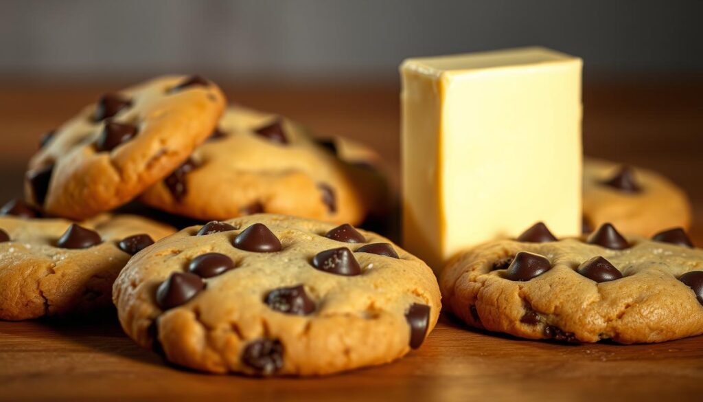 Freshly baked chocolate chip cookies, glistening with golden-brown edges and molten chocolate chips, sit atop a wooden table. A single stick of rich, creamy butter stands tall beside the cookies, its vibrant yellow hue a testament to its quality. Soft, fluffy dough surrounds the decadent morsels, creating a harmonious blend of textures. Warm, inviting lighting casts a cozy glow, highlighting the cookies' tempting allure. The scene is captured with a crisp, high-resolution lens, providing a mouthwatering close-up that showcases the essential ingredients for the perfect homemade chocolate chip cookie. Freshly baked chocolate chip cookies, glistening with golden-brown edges and molten chocolate chips, sit atop a wooden table. A single stick of rich, creamy butter stands tall beside the cookies, its vibrant yellow hue a testament to its quality. Soft, fluffy dough surrounds the decadent morsels, creating a harmonious blend of textures. Warm, inviting lighting casts a cozy glow, highlighting the cookies' tempting allure. The scene is captured with a crisp, high-resolution lens, providing a mouthwatering close-up that showcases the essential ingredients for the perfect homemade chocolate chip cookie.