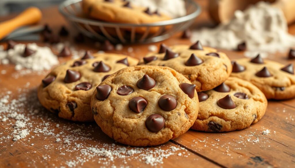 Freshly baked chocolate chip cookies, straight out of the oven, with a crisp golden-brown exterior and a soft, gooey interior. Plump, evenly distributed chocolate chips dotting the dough, melting with each bite. The tantalizing aroma of vanilla and brown sugar wafts through the air, inviting closer inspection. Captured in a warm, natural lighting setting, the cookies are presented on a rustic wooden surface, with a scattering of flour and baking utensils in the background, conveying the homemade, from-scratch nature of the creation. The overall scene evokes a sense of comfort, nostalgia, and the joy of baking. Freshly baked chocolate chip cookies, straight out of the oven, with a crisp golden-brown exterior and a soft, gooey interior. Plump, evenly distributed chocolate chips dotting the dough, melting with each bite. The tantalizing aroma of vanilla and brown sugar wafts through the air, inviting closer inspection. Captured in a warm, natural lighting setting, the cookies are presented on a rustic wooden surface, with a scattering of flour and baking utensils in the background, conveying the homemade, from-scratch nature of the creation. The overall scene evokes a sense of comfort, nostalgia, and the joy of baking.