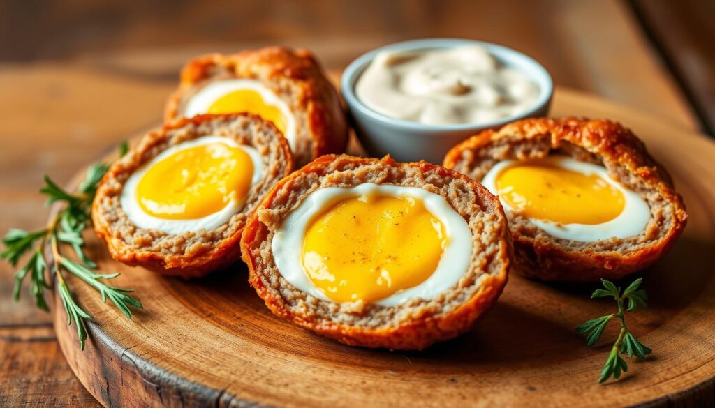 Keto scotch eggs: golden-brown, crispy eggs wrapped in savory pork sausage, resting on a rustic wooden surface. The soft, runny yolks peek through the meat casing, beckoning to be dipped in a creamy, tangy sauce. The scene is bathed in warm, natural lighting, emphasizing the appetizing textures and colors. The composition is balanced, with the scotch eggs positioned centrally, surrounded by a simple, uncluttered backdrop to keep the focus on the delectable dish. An air of homemade, wholesome comfort pervades the image, perfectly capturing the essence of this keto-friendly snack. Keto scotch eggs: golden-brown, crispy eggs wrapped in savory pork sausage, resting on a rustic wooden surface. The soft, runny yolks peek through the meat casing, beckoning to be dipped in a creamy, tangy sauce. The scene is bathed in warm, natural lighting, emphasizing the appetizing textures and colors. The composition is balanced, with the scotch eggs positioned centrally, surrounded by a simple, uncluttered backdrop to keep the focus on the delectable dish. An air of homemade, wholesome comfort pervades the image, perfectly capturing the essence of this keto-friendly snack.