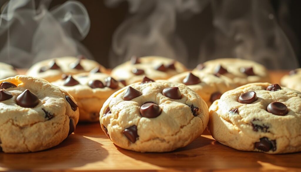 Soft bake chocolate chip cookies with a golden-brown crust, gooey center, and generous chocolate chips. Arrange the cookies on a wooden surface, casting long shadows from a warm overhead light. The cookies should appear freshly baked, with a tempting steam rising from their fluffy texture. Capture the irresistible aroma and homemade appeal of these bakery-style treats, inviting the viewer to imagine the satisfying bite and melt-in-your-mouth experience. Soft bake chocolate chip cookies with a golden-brown crust, gooey center, and generous chocolate chips. Arrange the cookies on a wooden surface, casting long shadows from a warm overhead light. The cookies should appear freshly baked, with a tempting steam rising from their fluffy texture. Capture the irresistible aroma and homemade appeal of these bakery-style treats, inviting the viewer to imagine the satisfying bite and melt-in-your-mouth experience.