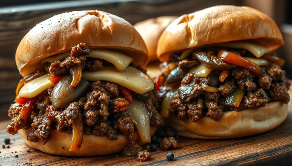 Succulent Philly cheesesteak sloppy joes, with juicy seasoned ground beef, melted provolone cheese, and sautéed onions, peppers, and mushrooms, piled high on pillowy soft brioche buns. Crisp golden buns catch the dripping, savory juices as the hefty sandwiches are presented in a rustic, natural light setting. Hints of garlic, Worcestershire, and black pepper linger in the air, creating a mouthwatering atmosphere. Dramatic high-angle camera perspective emphasizes the towering, messy, indulgent nature of these comforting Philly-inspired sloppy joes. Succulent Philly cheesesteak sloppy joes, with juicy seasoned ground beef, melted provolone cheese, and sautéed onions, peppers, and mushrooms, piled high on pillowy soft brioche buns. Crisp golden buns catch the dripping, savory juices as the hefty sandwiches are presented in a rustic, natural light setting. Hints of garlic, Worcestershire, and black pepper linger in the air, creating a mouthwatering atmosphere. Dramatic high-angle camera perspective emphasizes the towering, messy, indulgent nature of these comforting Philly-inspired sloppy joes.