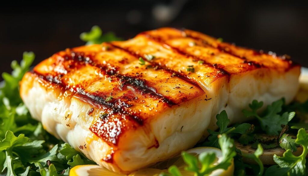 Vibrant close-up photograph of a sizzling grilled cod fillet, highlighting its golden-brown exterior and flaky, moist interior. Warm natural lighting illuminates the fish's delicate texture and brings out the rich, savory aroma. The cod is nestled atop a bed of fresh leafy greens, with a sprinkle of aromatic herbs and a drizzle of zesty lemon juice, creating a visually appealing and appetizing composition. The overall scene conveys the healthiness, flavor, and versatility of grilled cod, making it an enticing choice for a wholesome and delicious meal. Vibrant close-up photograph of a sizzling grilled cod fillet, highlighting its golden-brown exterior and flaky, moist interior. Warm natural lighting illuminates the fish's delicate texture and brings out the rich, savory aroma. The cod is nestled atop a bed of fresh leafy greens, with a sprinkle of aromatic herbs and a drizzle of zesty lemon juice, creating a visually appealing and appetizing composition. The overall scene conveys the healthiness, flavor, and versatility of grilled cod, making it an enticing choice for a wholesome and delicious meal.