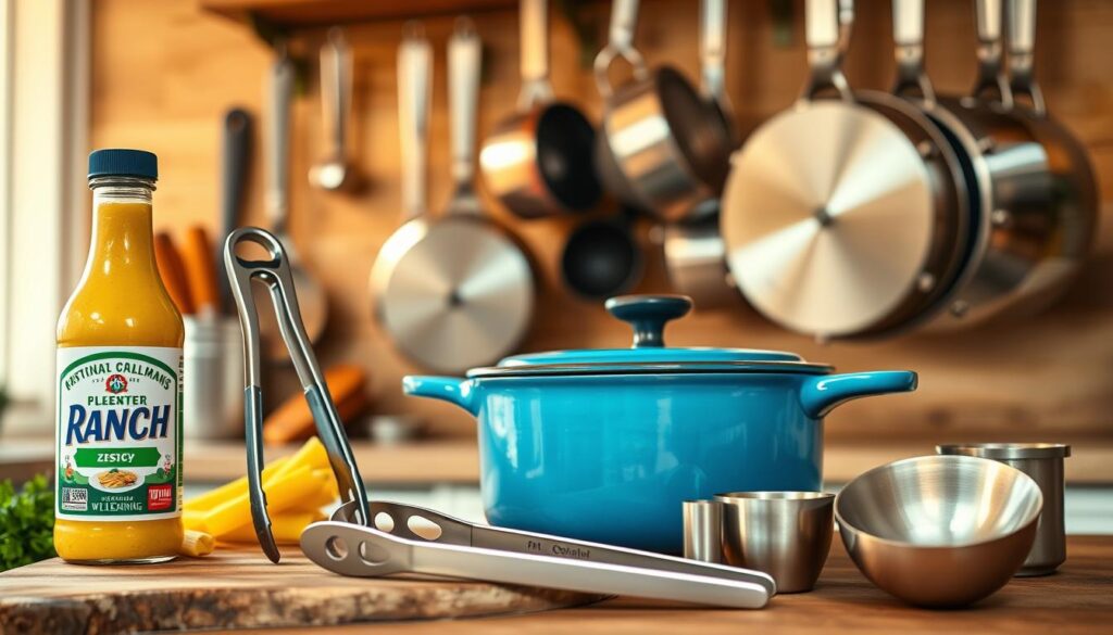Vibrant kitchen still life showcasing a collection of essential pasta-making tools. In the foreground, a rustic wooden cutting board displays a zesty ranch dressing bottle, a stainless steel garlic press, and a set of sturdy stainless steel tongs. In the middle ground, a vintage-inspired enameled cast-iron dutch oven stands ready, alongside a set of measuring cups and spoons in brushed metal. In the background, hanging pot racks hold an assortment of gleaming stainless steel pots and pans, creating a sense of a well-equipped, functional kitchen space. Warm, natural lighting casts a soft glow, highlighting the tools' textures and colors, evoking a cozy, inviting atmosphere perfect for easy pasta dinner preparation. Vibrant kitchen still life showcasing a collection of essential pasta-making tools. In the foreground, a rustic wooden cutting board displays a zesty ranch dressing bottle, a stainless steel garlic press, and a set of sturdy stainless steel tongs. In the middle ground, a vintage-inspired enameled cast-iron dutch oven stands ready, alongside a set of measuring cups and spoons in brushed metal. In the background, hanging pot racks hold an assortment of gleaming stainless steel pots and pans, creating a sense of a well-equipped, functional kitchen space. Warm, natural lighting casts a soft glow, highlighting the tools' textures and colors, evoking a cozy, inviting atmosphere perfect for easy pasta dinner preparation.
