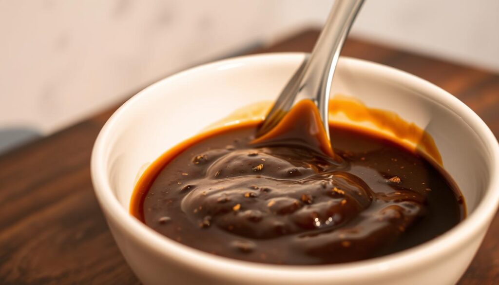a closeup shot of a thick, glossy black pepper sauce in a white ceramic bowl, with a spoon partially submerged in the sauce, illuminated by soft, warm lighting that casts subtle shadows, creating a rich, appetizing atmosphere that evokes the flavors of a classic black pepper chicken dish, the sauce's viscous texture and glistening surface hinting at its robust, peppery taste, the bowl placed on a wooden table against a muted, neutral background that allows the sauce to be the focus of the image a closeup shot of a thick, glossy black pepper sauce in a white ceramic bowl, with a spoon partially submerged in the sauce, illuminated by soft, warm lighting that casts subtle shadows, creating a rich, appetizing atmosphere that evokes the flavors of a classic black pepper chicken dish, the sauce's viscous texture and glistening surface hinting at its robust, peppery taste, the bowl placed on a wooden table against a muted, neutral background that allows the sauce to be the focus of the image