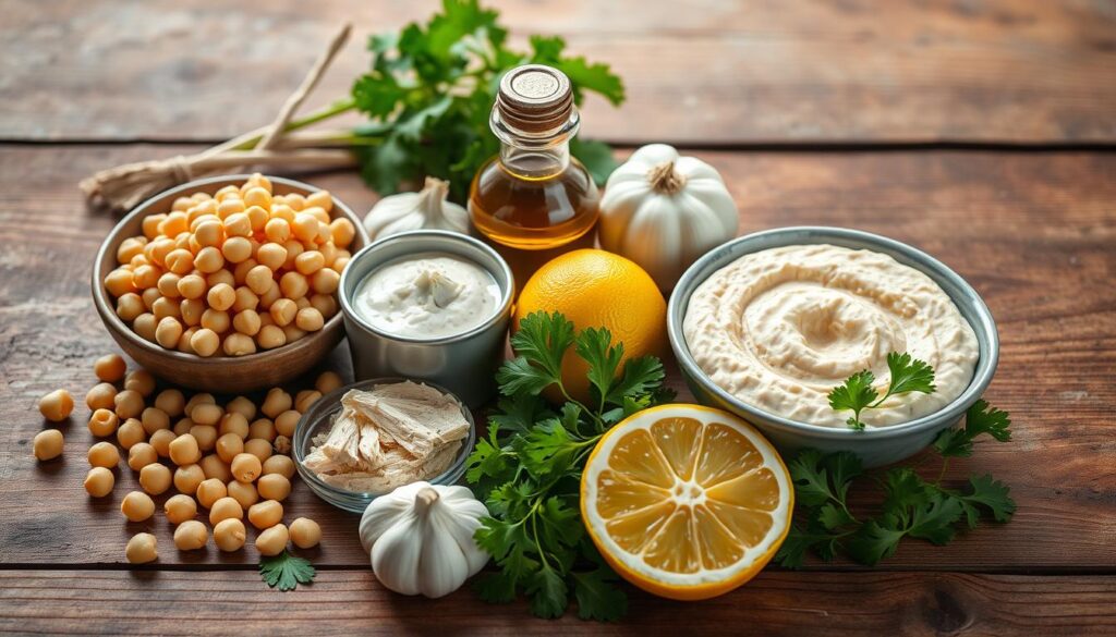 a high-quality, detailed image of an arrangement of Mediterranean ingredients used to make authentic hummus, including chickpeas, tahini, olive oil, lemon, garlic, and fresh herbs such as parsley and cilantro, all arranged on a rustic wooden table with a textured background, shot with soft, natural lighting from the side to create depth and shadow, using a wide-angle lens to capture the full composition, conveying a warm, earthy, and appetizing atmosphere. a high-quality, detailed image of an arrangement of Mediterranean ingredients used to make authentic hummus, including chickpeas, tahini, olive oil, lemon, garlic, and fresh herbs such as parsley and cilantro, all arranged on a rustic wooden table with a textured background, shot with soft, natural lighting from the side to create depth and shadow, using a wide-angle lens to capture the full composition, conveying a warm, earthy, and appetizing atmosphere.