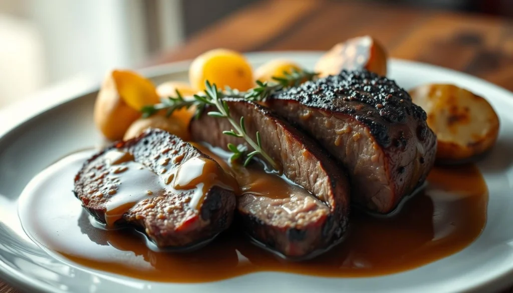 a plate featuring a tender round steak with a crisp seared exterior, sliced and served with a rich, velvety gravy, garnished with fresh thyme and a side of roasted potatoes, all captured in a warm, inviting studio lighting setup with a shallow depth of field, creating a mouthwatering, classic comfort food scene a-plate-featuring-a-tender-round-steak-with-a-crisp-seared-exterior-sliced-and-served-with-a
