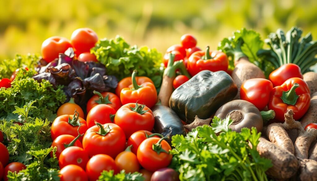 a vibrant, photorealistic image of a variety of fresh, colorful vegetables arranged in an appealing display, highlighting their rich textures, vibrant hues, and bountiful health benefits. The foreground should feature an assortment of crunchy greens, juicy tomatoes, robust bell peppers, and earthy root vegetables, all presented in a visually striking composition that captures their natural beauty and nutritional value. The middle ground should include a soft, natural lighting that casts a warm, golden glow, accentuating the vegetables' vibrant colors and bringing them to life. The background should feature a subtly blurred, natural setting, such as a serene garden or a sun-dappled field, to create a sense of wholesome, organic harmony. The overall mood should convey a sense of vitality, wellness, and the inherent goodness of a Mediterranean-inspired, veggie-centric diet. a vibrant, photorealistic image of a variety of fresh, colorful vegetables arranged in an appealing display, highlighting their rich textures, vibrant hues, and bountiful health benefits. The foreground should feature an assortment of crunchy greens, juicy tomatoes, robust bell peppers, and earthy root vegetables, all presented in a visually striking composition that captures their natural beauty and nutritional value. The middle ground should include a soft, natural lighting that casts a warm, golden glow, accentuating the vegetables' vibrant colors and bringing them to life. The background should feature a subtly blurred, natural setting, such as a serene garden or a sun-dappled field, to create a sense of wholesome, organic harmony. The overall mood should convey a sense of vitality, wellness, and the inherent goodness of a Mediterranean-inspired, veggie-centric diet.