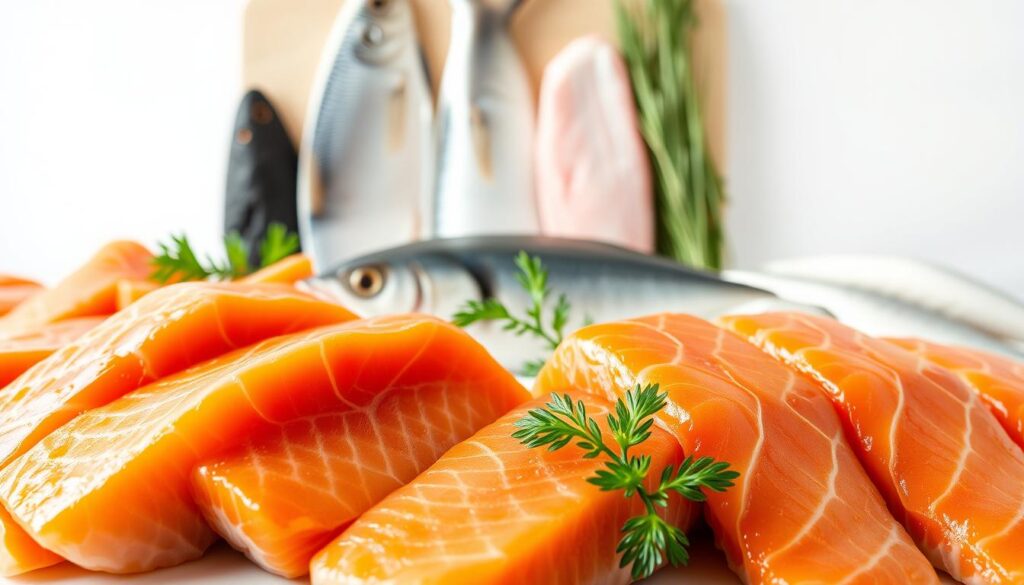 A beautiful assortment of fresh, vibrant fish options arranged in a mouth-watering display. In the foreground, several succulent salmon fillets, their rich orange hues glistening under soft, natural lighting. In the middle ground, a variety of other lean, healthy fish such as cod, tilapia, and halibut, each with its distinct texture and flavor. The background features a minimalist, clean white backdrop, allowing the seafood to take center stage. The overall scene exudes a sense of culinary excellence, enticing the viewer to savor the delectable, nutritious options available for a delightful dinner. A beautiful assortment of fresh, vibrant fish options arranged in a mouth-watering display. In the foreground, several succulent salmon fillets, their rich orange hues glistening under soft, natural lighting. In the middle ground, a variety of other lean, healthy fish such as cod, tilapia, and halibut, each with its distinct texture and flavor. The background features a minimalist, clean white backdrop, allowing the seafood to take center stage. The overall scene exudes a sense of culinary excellence, enticing the viewer to savor the delectable, nutritious options available for a delightful dinner.