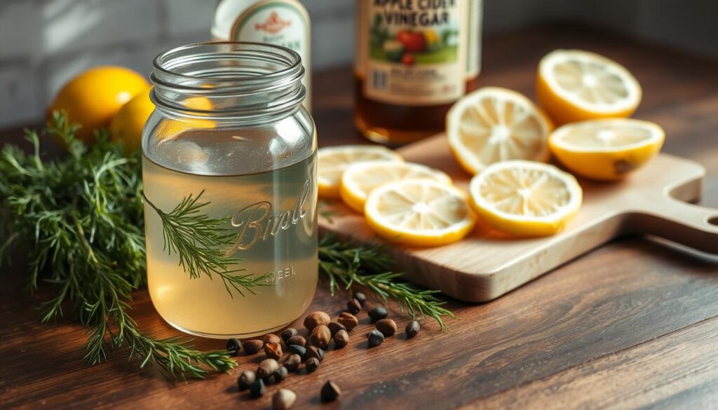 A beautifully arranged still life of the key ingredients for a perfect smoked salmon brine. In the foreground, a glass jar filled with a clear brine solution, casting soft reflections on the wooden surface. Surrounding it, an array of aromatic herbs - fresh dill, sprigs of rosemary, and peppercorns. In the middle ground, a cutting board with sliced lemons, their vibrant yellow hues contrasting with the dark, rich brown of the wood. In the background, a vintage salt cellar and a bottle of high-quality apple cider vinegar, hinting at the depth of flavor to come. Soft, natural lighting casts gentle shadows, evoking a sense of rustic elegance. The overall composition conveys the simplicity and care required to craft the perfect smoked salmon brine. A beautifully arranged still life of the key ingredients for a perfect smoked salmon brine. In the foreground, a glass jar filled with a clear brine solution, casting soft reflections on the wooden surface. Surrounding it, an array of aromatic herbs - fresh dill, sprigs of rosemary, and peppercorns. In the middle ground, a cutting board with sliced lemons, their vibrant yellow hues contrasting with the dark, rich brown of the wood. In the background, a vintage salt cellar and a bottle of high-quality apple cider vinegar, hinting at the depth of flavor to come. Soft, natural lighting casts gentle shadows, evoking a sense of rustic elegance. The overall composition conveys the simplicity and care required to craft the perfect smoked salmon brine.