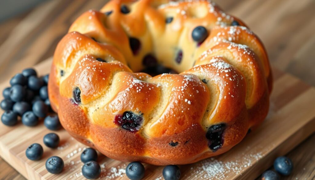 A beautifully baked blueberry bundt cake, its golden-brown crust glistening under soft, natural lighting. The cake's circular form casts an elegant silhouette, with plump, juicy blueberries nestled within the moist, tender crumb. The cake stands atop a wooden cutting board, surrounded by freshly picked blueberries and a sprinkling of powdered sugar. The scene evokes a sense of homely comfort and artisanal craftsmanship, inviting the viewer to imagine the delightful flavors and textures of this quintessential summer dessert. A beautifully baked blueberry bundt cake, its golden-brown crust glistening under soft, natural lighting. The cake's circular form casts an elegant silhouette, with plump, juicy blueberries nestled within the moist, tender crumb. The cake stands atop a wooden cutting board, surrounded by freshly picked blueberries and a sprinkling of powdered sugar. The scene evokes a sense of homely comfort and artisanal craftsmanship, inviting the viewer to imagine the delightful flavors and textures of this quintessential summer dessert.